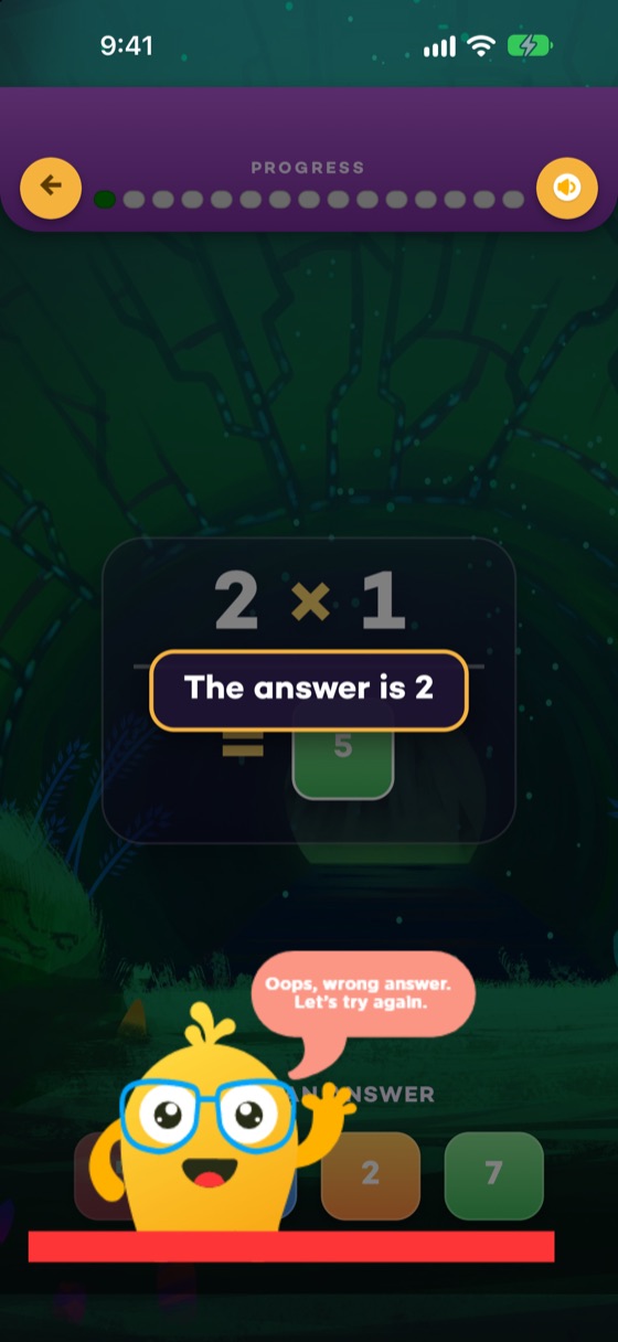 After a wrong answer the app shows the right one, kindly