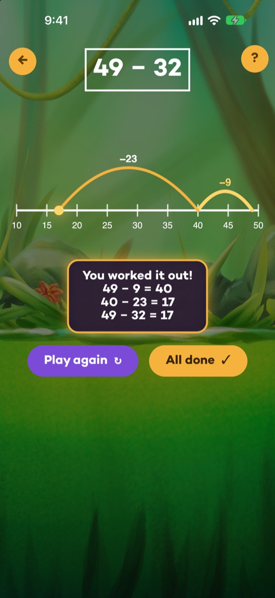 A subtraction hint shown as hops on a number line