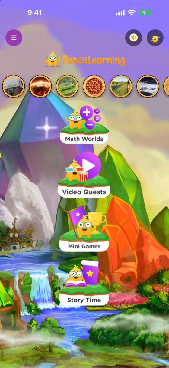 Fun With Learning home screen with Math Worlds, Video Quests, Mini Games and Story Time