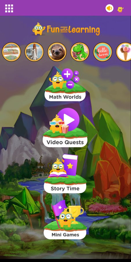 Home hub: Math Worlds, Video Quests, Story Time, Mini Games