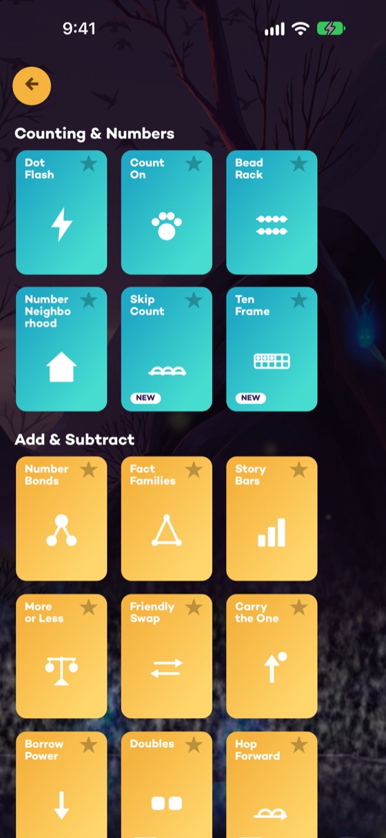 Mini Games hub with 28 learning activities