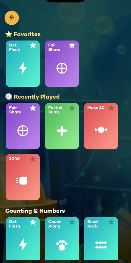 Mini Games hub with 21 learning activities