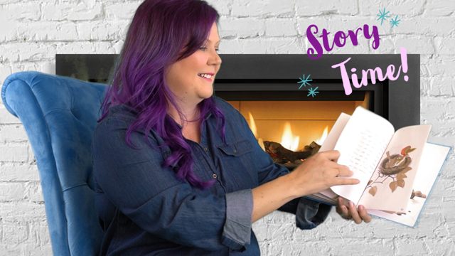 Christin reads Are You My Mommy? by the fireplace